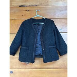 Talbots Collection Black Tweed Silver Shimmer Fringed Ruffle Wool Jacket Size 4